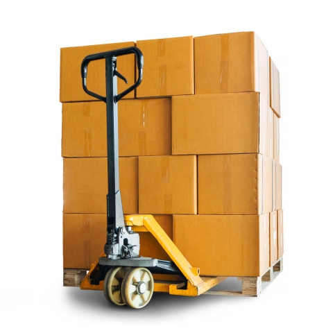 A stack of cardboard boxes on a pallet jack