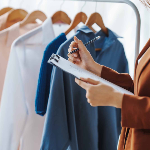 Person holding a clipboard and pen while reviewing clothing on a rack, with several garments hanging on wooden hangers in the background.