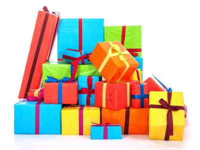 A pile of bright, colorful wrapped presents