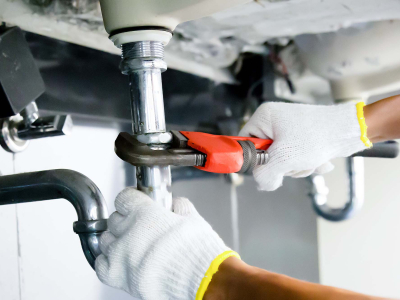 Two hands wearing white gloves working on silver plumbing fixtures underneath a bathroom sink