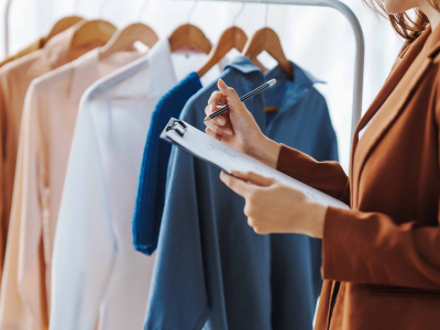 Person holding a clipboard and pen while reviewing clothing on a rack, with several garments hanging on wooden hangers in the background.