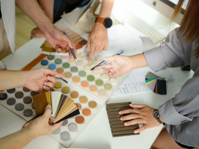 Overhead view of a group collaborating around a table, comparing color swatches, material samples, and design palettes while discussing interior design options