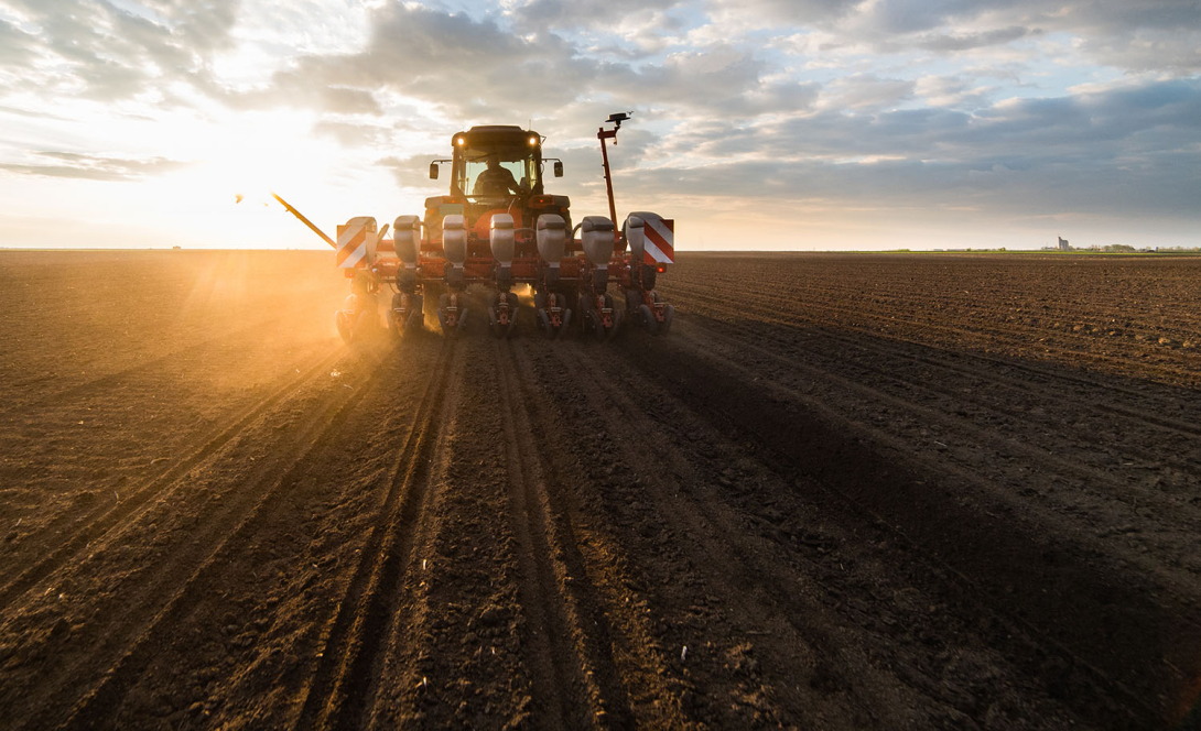Tractor planting in the field with the sun shining down on it
