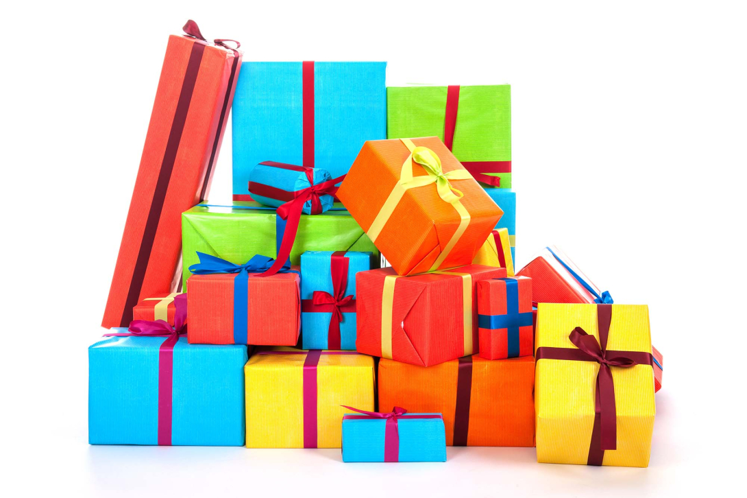 A pile of bright, colorful wrapped presents