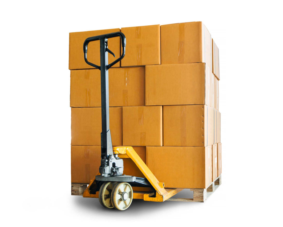 A stack of cardboard boxes on a pallet jack